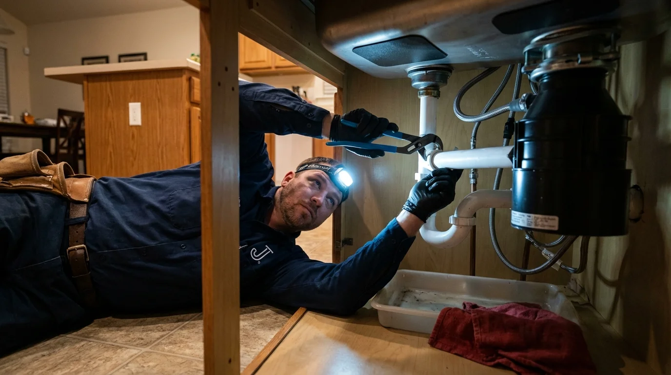 P-trap and supply line connections under a kitchen sink showing a common leak point in Guin, AL